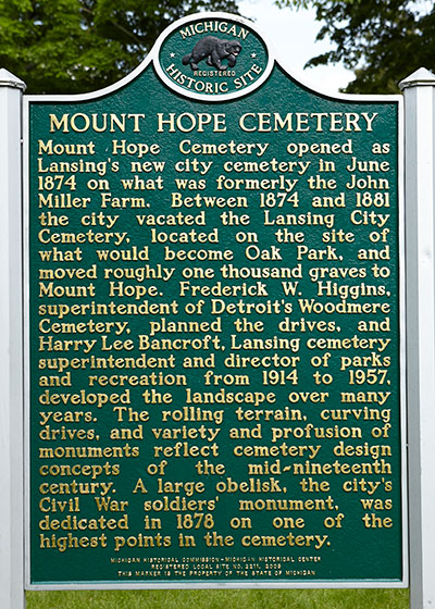 Michigan Historic Marker recognizing the Mount Hope Cemetery. Image ©2015 Look Around You Ventures, LLC.